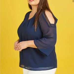 NWT: Daniel Rainn; Lina Sheer Cold Shoulder Top; 1X; Navy Blue